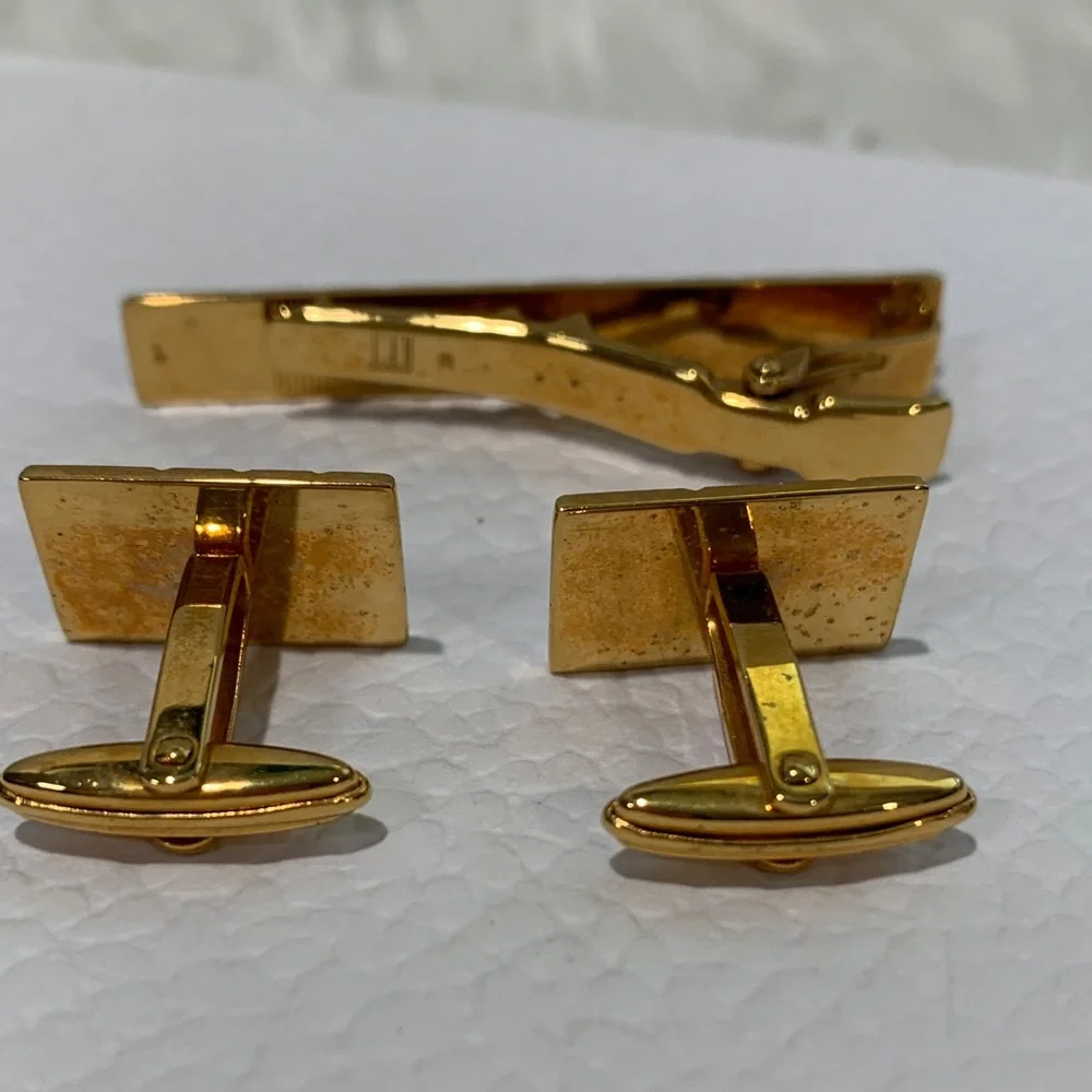 DUNHILL Silver and Gold Tone Cufflinks with Matching Tie Clip Vintage